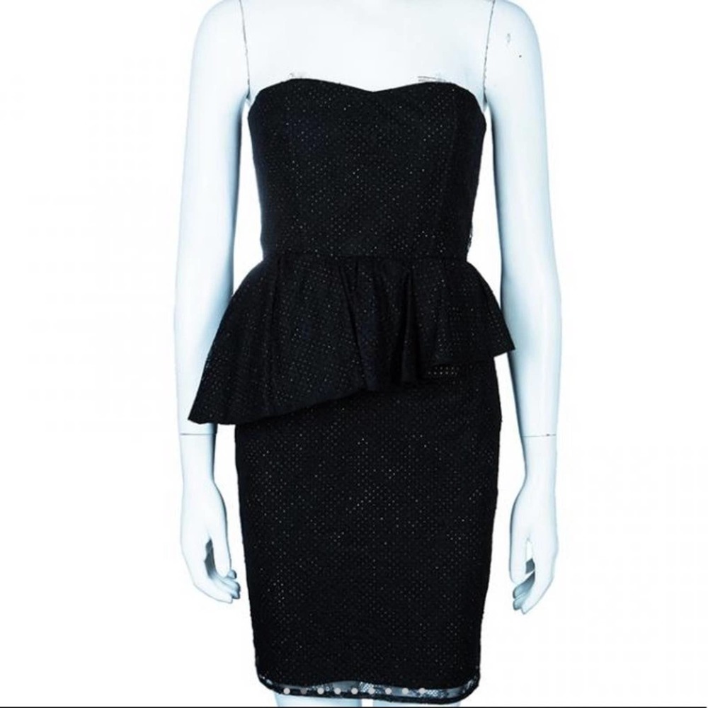 Alice+Olivia Jessie Lace overlay dot peplum strapless cocktail black dress-4 - Picture 2 of 12